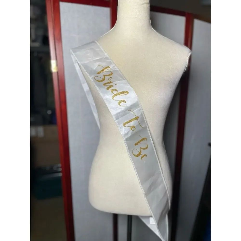 "Bride to Be" White Satin Sash with Gold Glittering Lettering